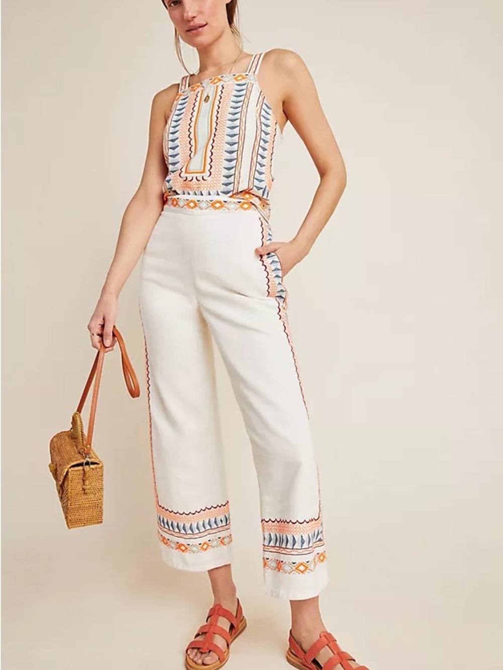 Anthropologie Wide-Leg with Orange & Blue Embroidery Canotta ricamata Islander